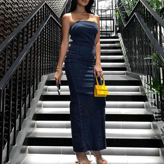 Slim Fit Off Shoulder Backless Denim Dress Zipper Closure Ladies Bodycon Dress Strapless Maxi Dress Casual Style Vacation Outfit