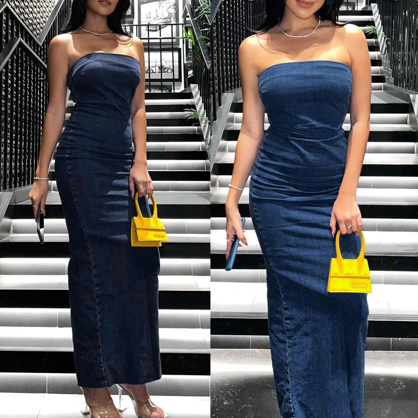 Ladies Slim Fit, Off Shoulder, Backless Zipper,Denim Dress