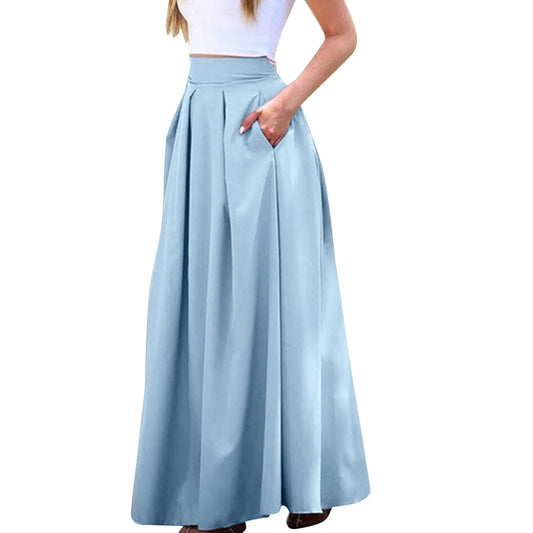 2022 Women&#39;s Vintage Pleated Long Maxi Skirt High Waist Evening Party A Line Skirt Stretch Full Length Casual Skirts Wholesale