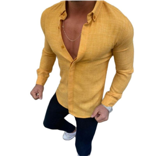 Men Autumn, Solid Color Lapel, Long Sleeve Cardigan Shirt