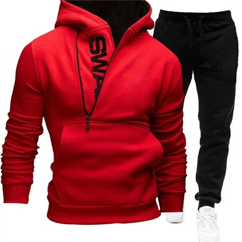 Men Casual 2 Pieces, Zipper Hoodie Sweatshirt + Sweatpants Sportswear Set.