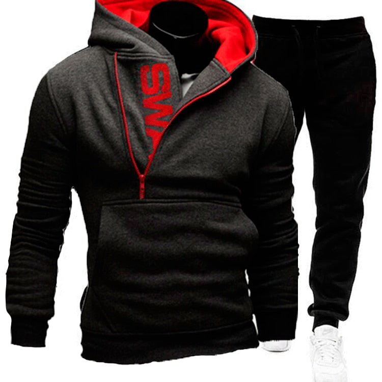 Men Casual 2 Pieces, Zipper Hoodie Sweatshirt + Sweatpants Sportswear Set.