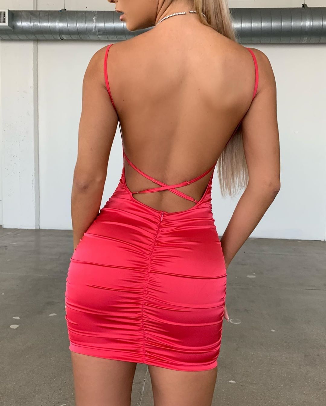 Pleated Spaghetti Strap Mini Satin Dress Women Sexy Backless.