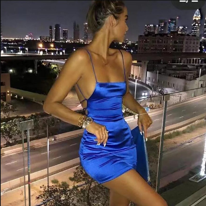 Pleated Spaghetti Strap Mini Satin Dress Women Sexy Backless.