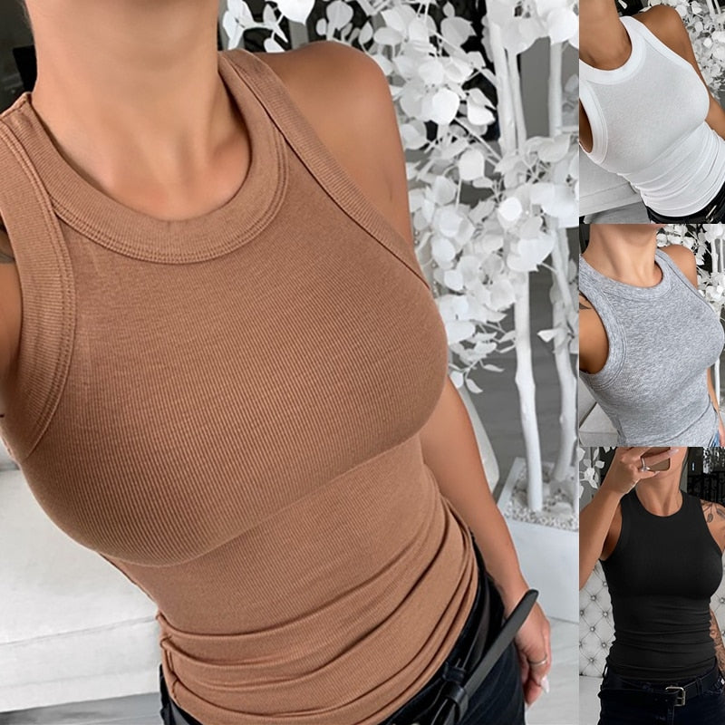 Women Casual Sleeveless, Ribbed, O Neck, Solid Tank Top.