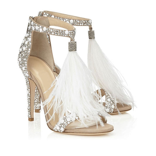 Women Sandals Stiletto, Sandalia Feminina High Heels, w/Rhinestones, Feather Tassels.