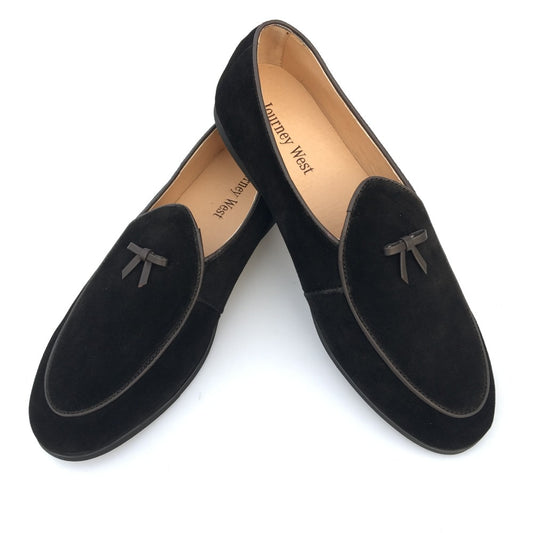 Mens Leather Casual Black Suede, Loafers/Slippers, Belgian Dress Shoes With Bowtie Size 7-13.