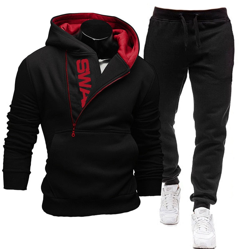 Men Casual 2 Pieces, Zipper Hoodie Sweatshirt + Sweatpants Sportswear Set.