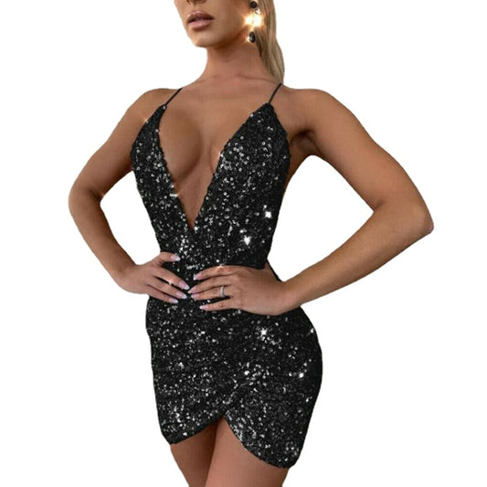 Women Sexy, Sequins Glitter Sparkle, Deep V Neck Halter, Backless, Short Mini Dress.