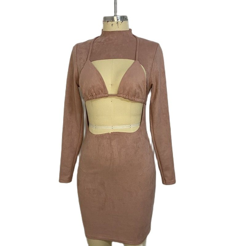 Women Spring and Autumn two-piece Suede Strapless Dress.