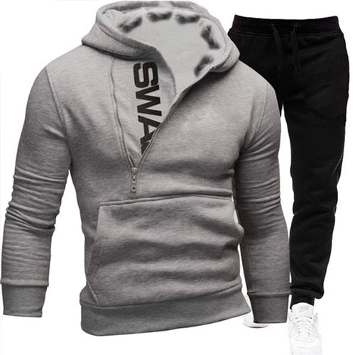 Men Casual 2 Pieces, Zipper Hoodie Sweatshirt + Sweatpants Sportswear Set.