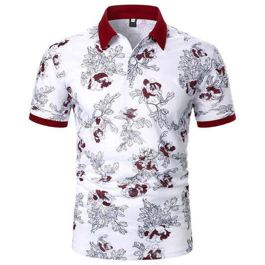 Men Floral Short-sleeved Polo Button Turn Down Shirt