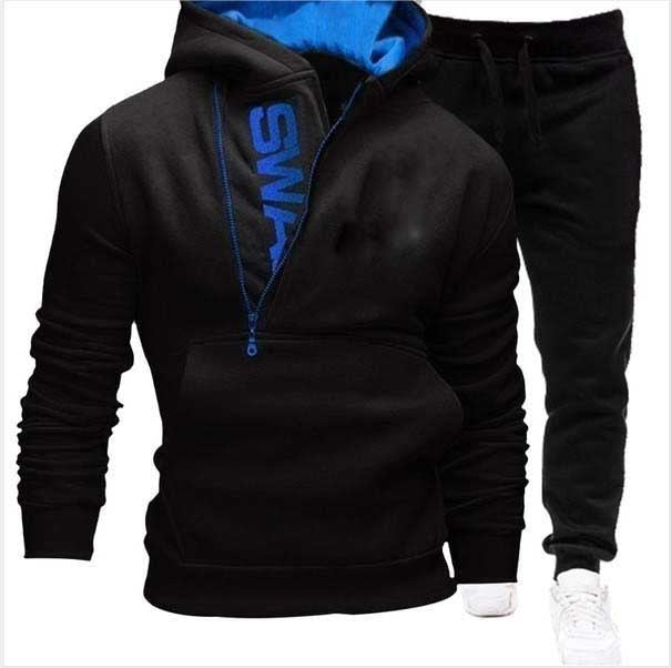 Men Casual 2 Pieces, Zipper Hoodie Sweatshirt + Sweatpants Sportswear Set.