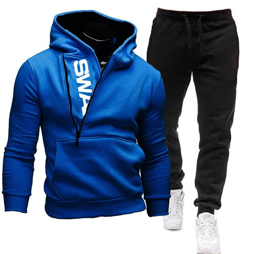 Men Casual 2 Pieces, Zipper Hoodie Sweatshirt + Sweatpants Sportswear Set.