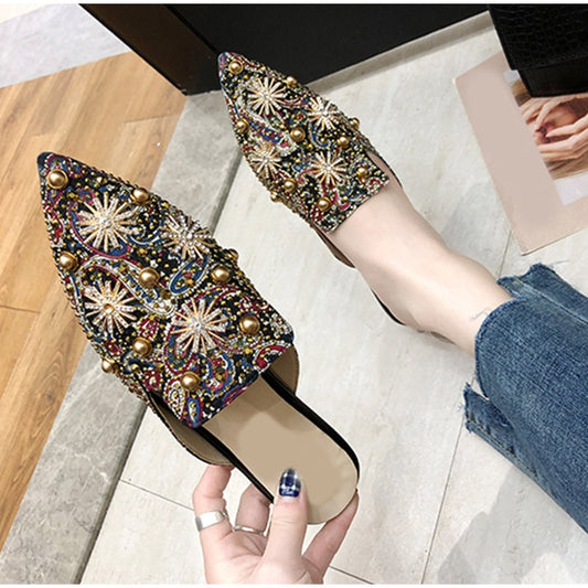 Women New Summer Slippers Sexy Pointed Toe Woman Shoes Fashion Rhinestone Bling Slip On Ladies Printing Flat Footwear