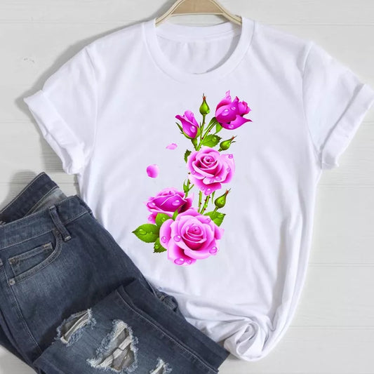 Women Casual Aesthetic Flower Sweet Cute T-Shirt.