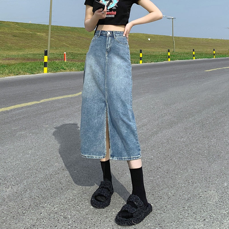 Women spring and summer high waist Split denim skirt.