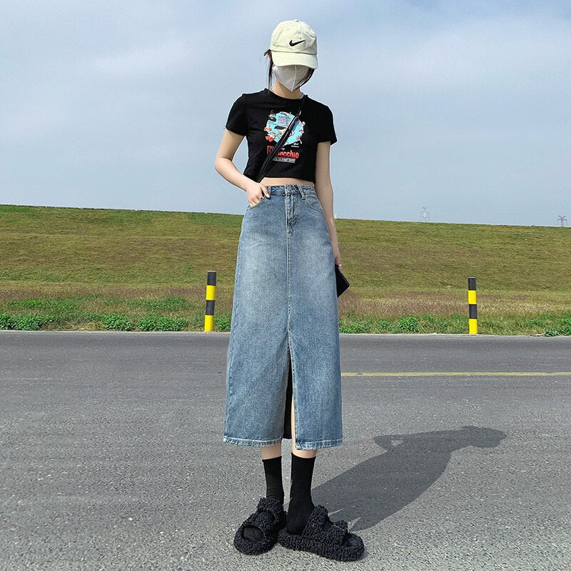 Women spring and summer high waist Split denim skirt.