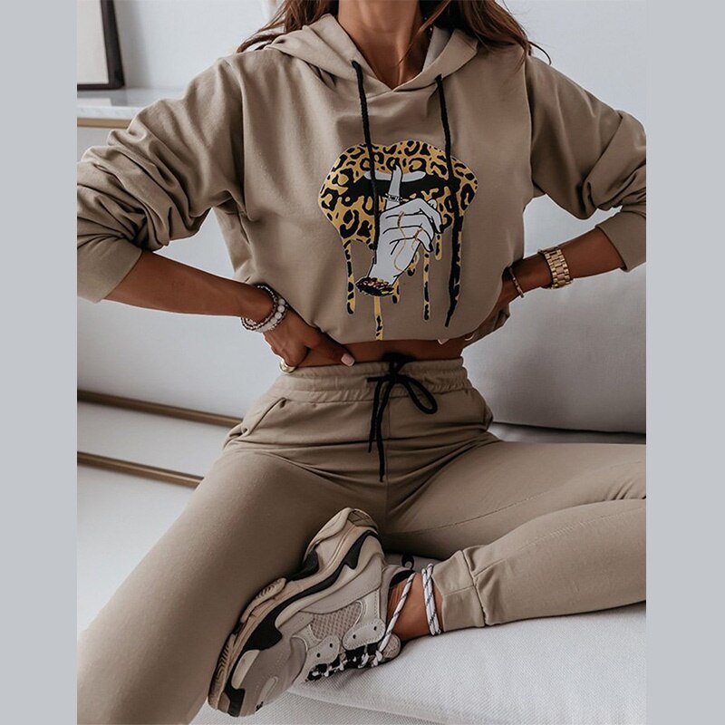 Women Casual elegant printed Slim long sleeve sweaters set