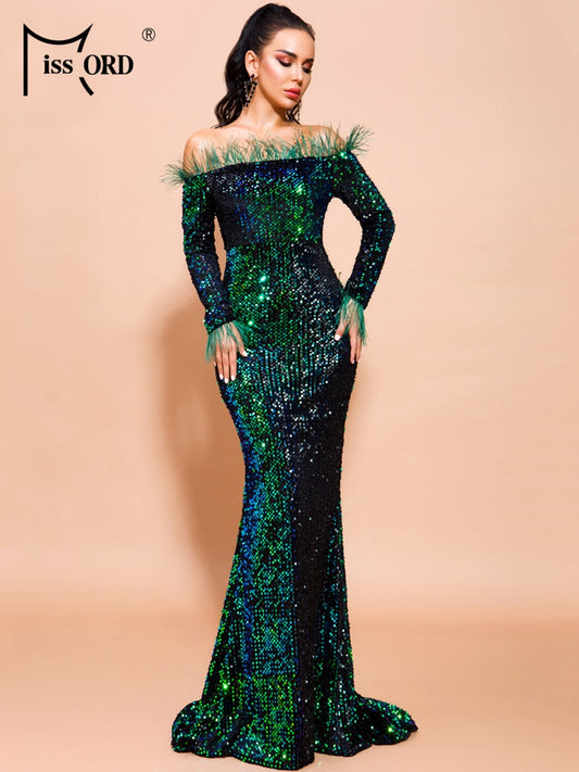 Women Sexy, Off Shoulder, Feather Long Sleeve, Sequin, Floor Length, Evening Party, Reflective Dress.