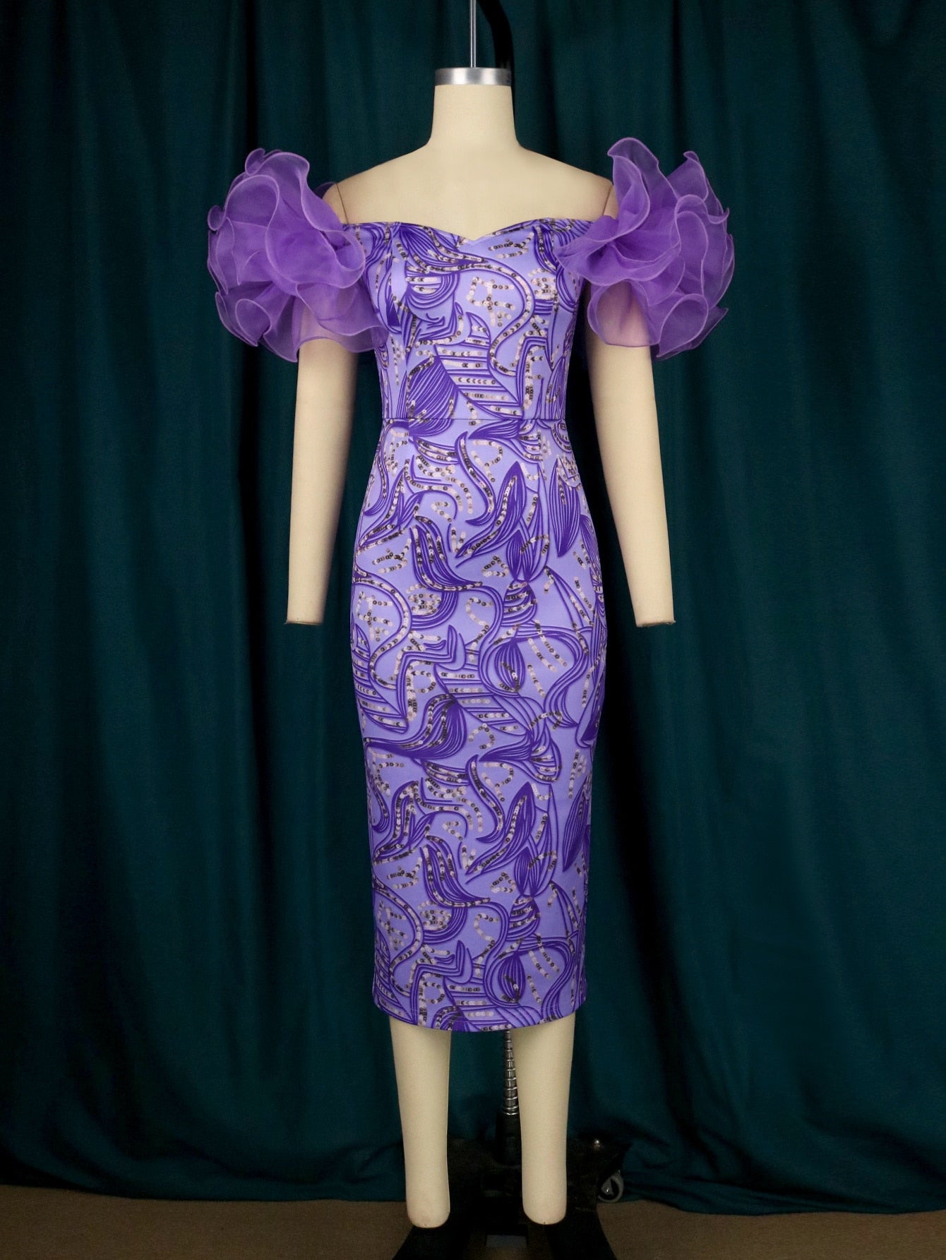 Women Purple Print Flower, Short Sleeve, Midi Floral African Gowns/Evening Cocktail Event.