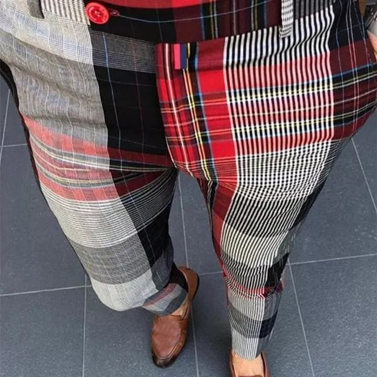 Men Casual Fashion Plaid Print Slim Fit Trousers Male