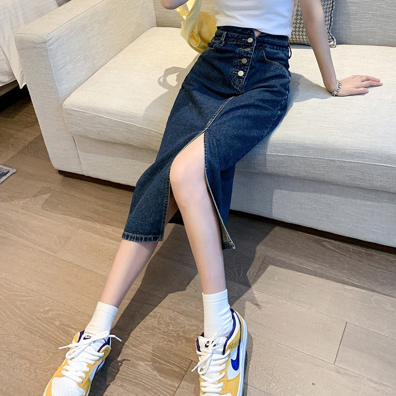 Women spring and summer high waist Split denim skirt.