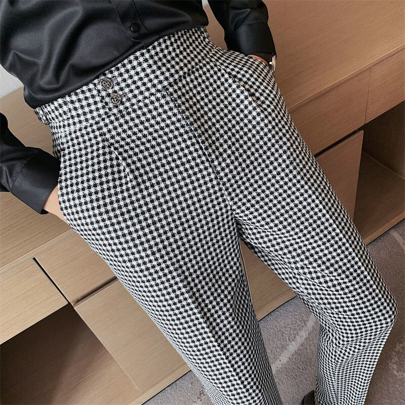 Men British Casual Dress Pant, Thousand Bird Grid, High Waist, Straight Pants Fashion Men Trousers Formal Track Pants Mens Clothing