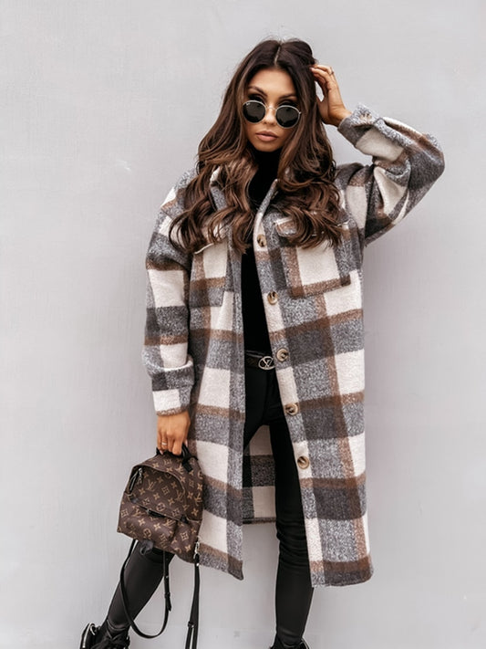 Women Winter Plaid Print, Long, Thick, Jacket.