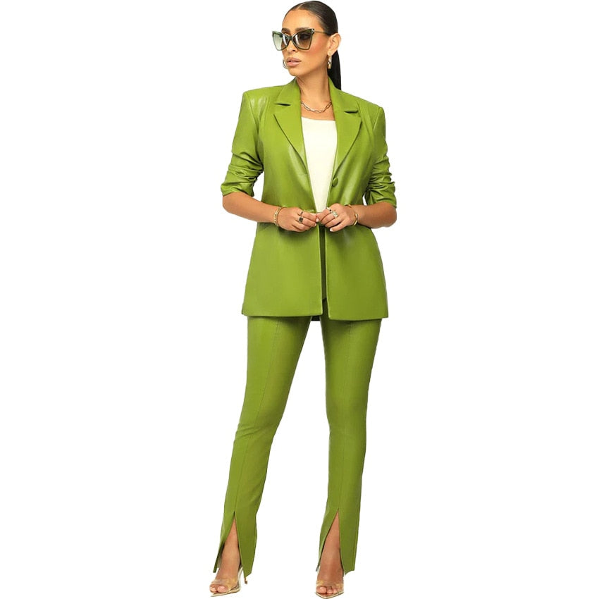 Women Casual, 2 Piece, Slim, PU Leather, Notch Neck Blazer, High Waist Pant Suit.