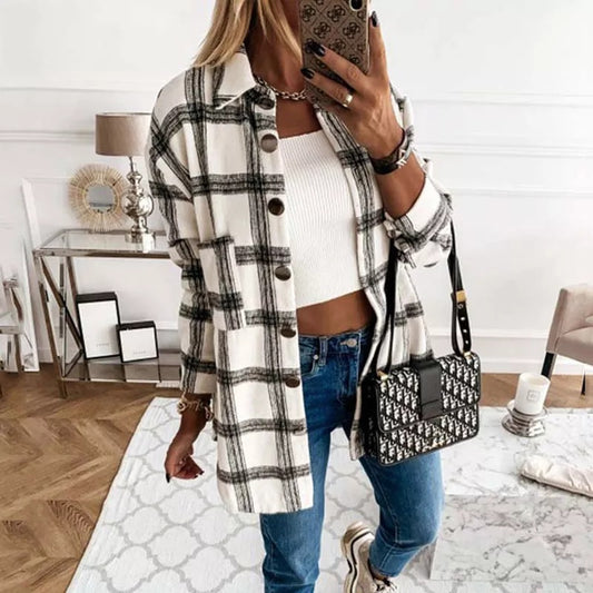 2023 New Women Plaid Loose, Winter, Long Sleeve, Checkered, Shirt Jacket.