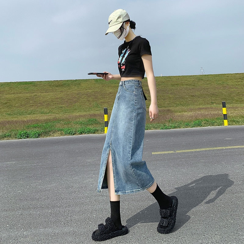 Women spring and summer high waist Split denim skirt.