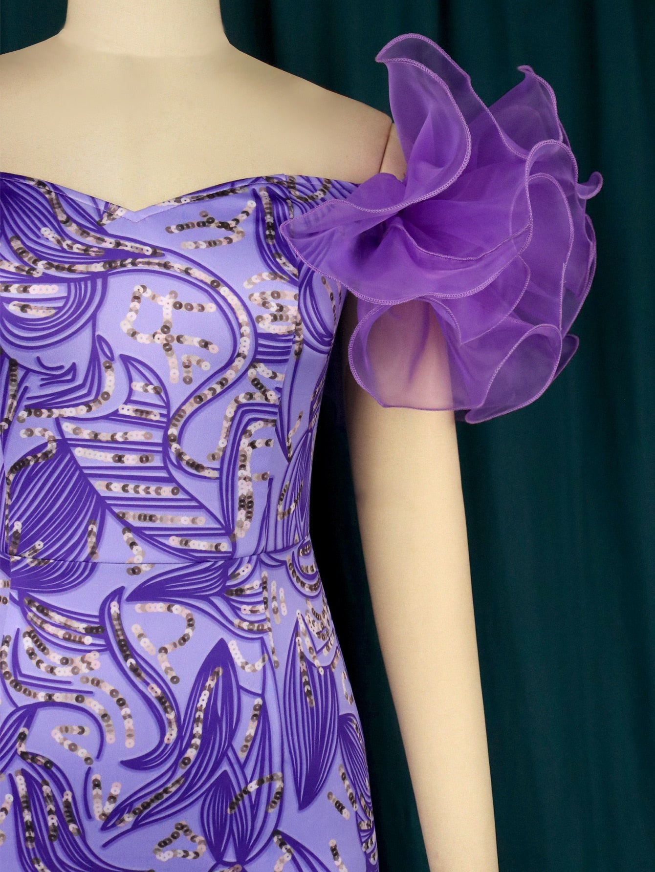 Women Purple Print Flower, Short Sleeve, Midi Floral African Gowns/Evening Cocktail Event.