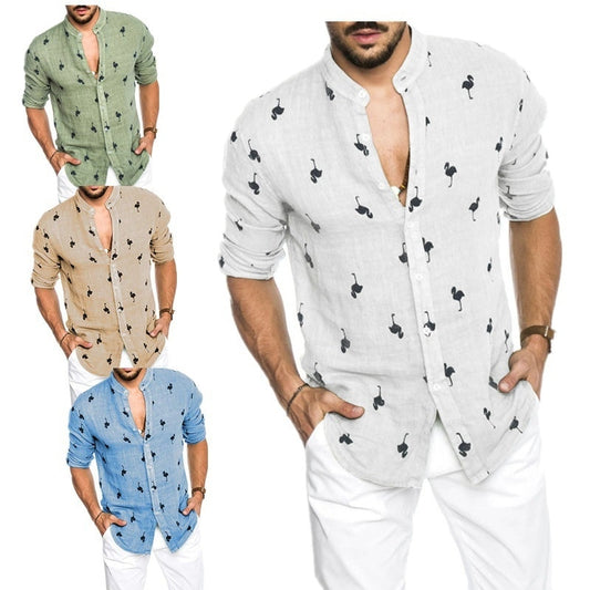 Men casual printed long sleeve Flamingo slim shirt with standing collar