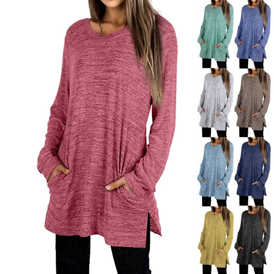 Women Autumn And Winter Solid Color Pocket Sweater Crossover Pullover Top