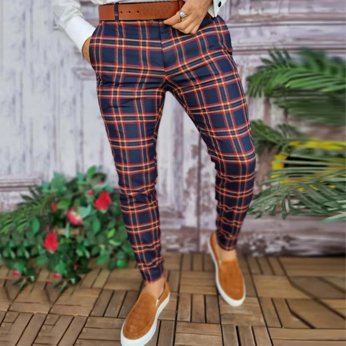 Men Casual Fashion Plaid Print Slim Fit Trousers Male