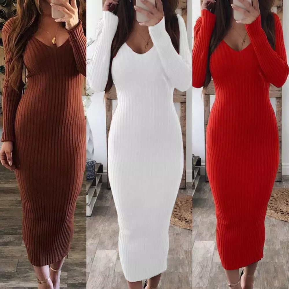 Women Sexy Casual, Long Sleeve, V Neck, Backless, Ribbed, Slim Knitted Dress