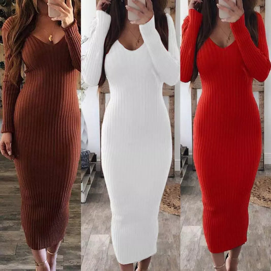 Women Sexy Casual, Long Sleeve, V Neck, Backless, Ribbed, Slim Knitted Dress