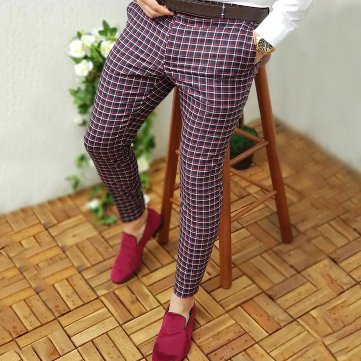 Men Casual Fashion Plaid Print Slim Fit Trousers Male