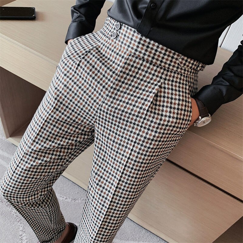 Men British Casual Dress Pant, Thousand Bird Grid, High Waist, Straight Pants Fashion Men Trousers Formal Track Pants Mens Clothing