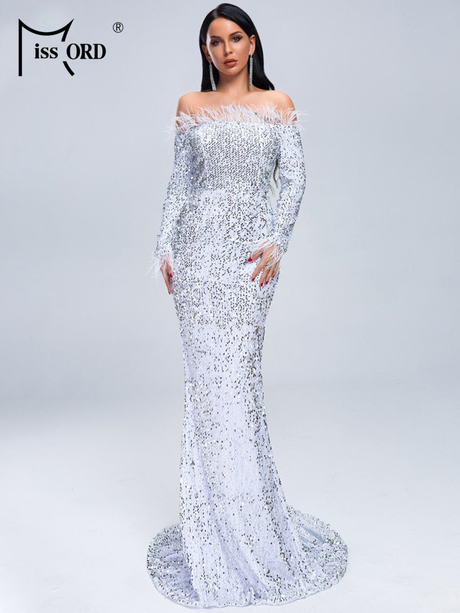 Women Sexy, Off Shoulder, Feather Long Sleeve, Sequin, Floor Length, Evening Party, Reflective Dress.