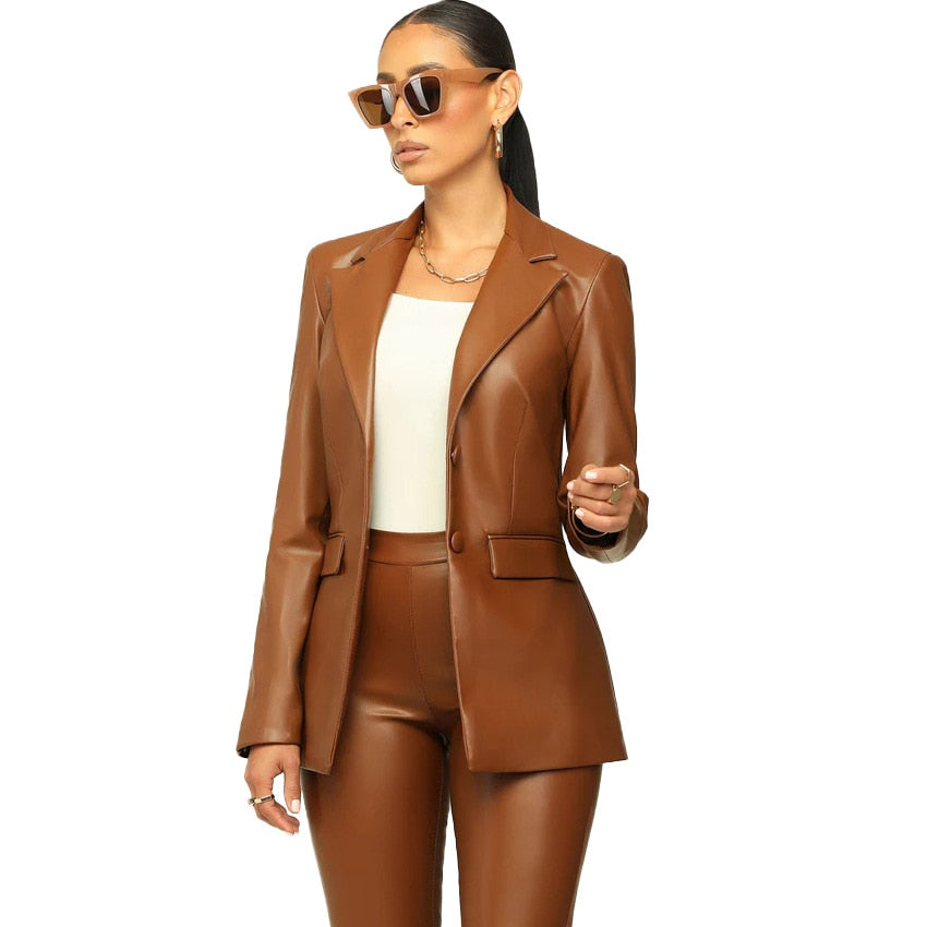 Women Casual, 2 Piece, Slim, PU Leather, Notch Neck Blazer, High Waist Pant Suit.