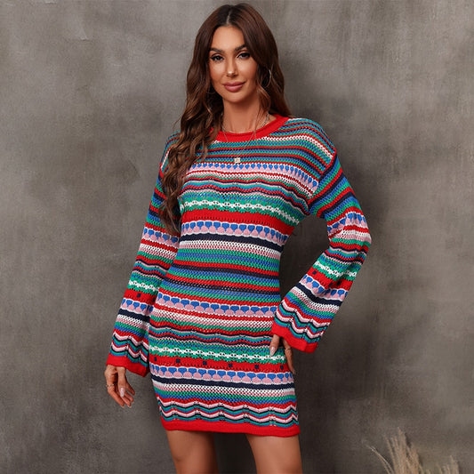 ATUENDO Autumn Fashion Soft Knitted, Long Bohemian Sweater Dress for Women