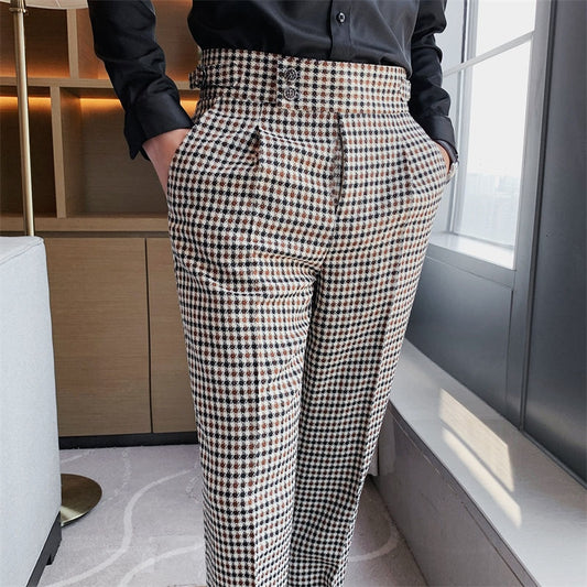 Men British Casual Dress Pant, Thousand Bird Grid, High Waist, Straight Pants Fashion Men Trousers Formal Track Pants Mens Clothing