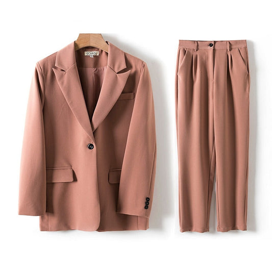 Women Two Piece Formal Suit; Single Breasted Jacket, Pleated Trousers for Spring, Autumn, or Winter.