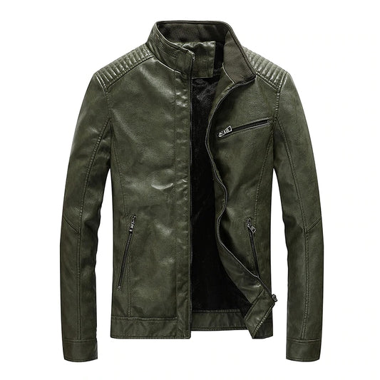 Men's Casual Slim Fit Leather Jackets with Standing Collar.