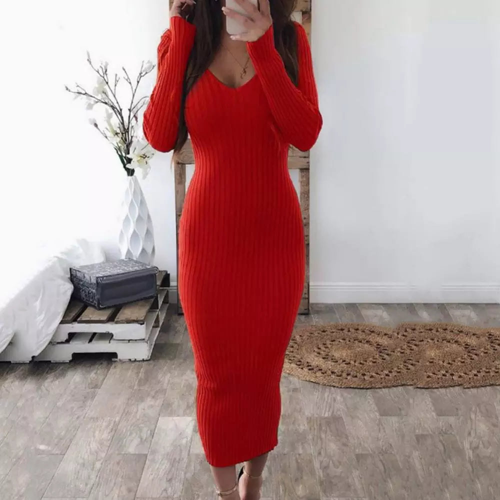 Women Sexy Casual, Long Sleeve, V Neck, Backless, Ribbed, Slim Knitted Dress