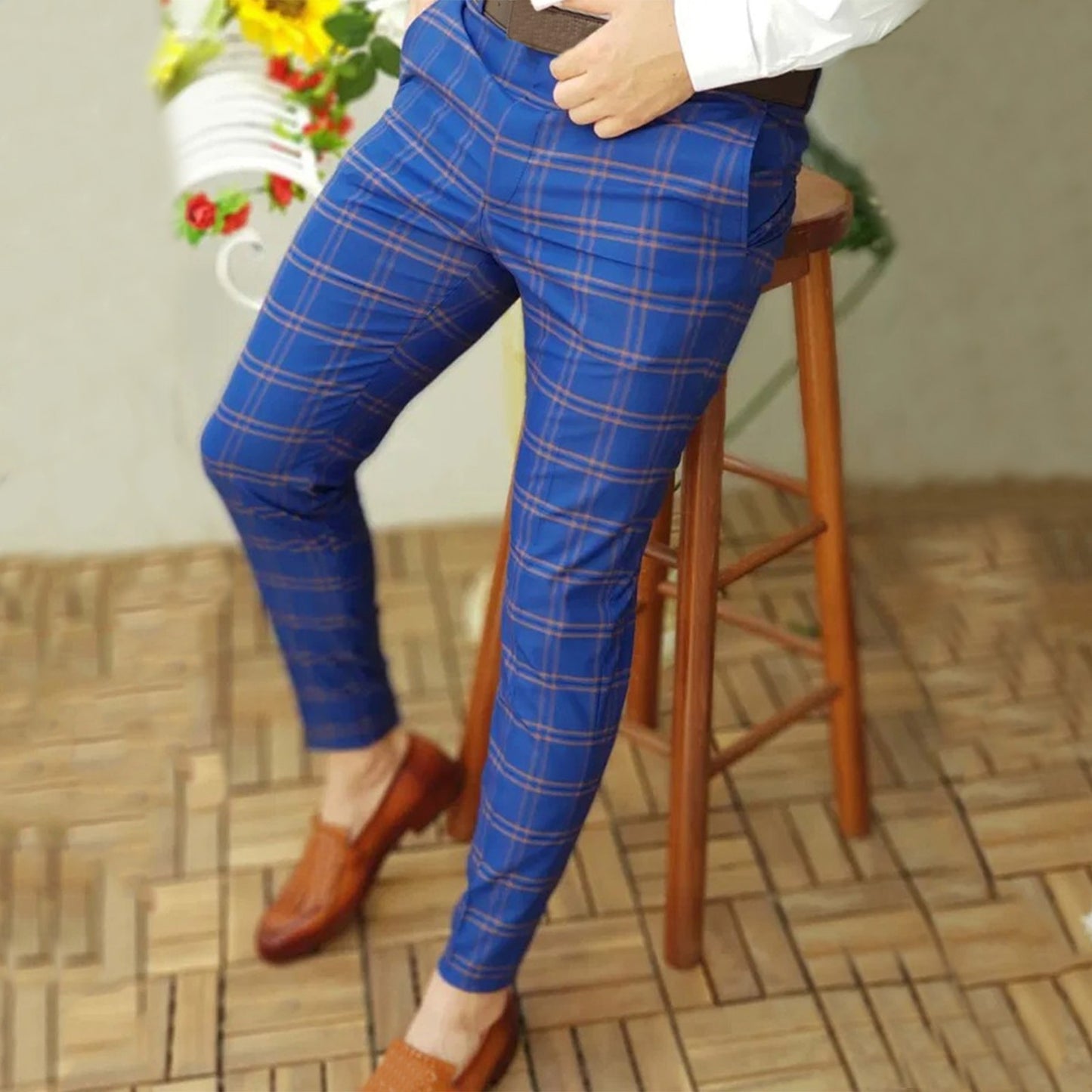 Men Casual Fashion Plaid Print Slim Fit Trousers Male