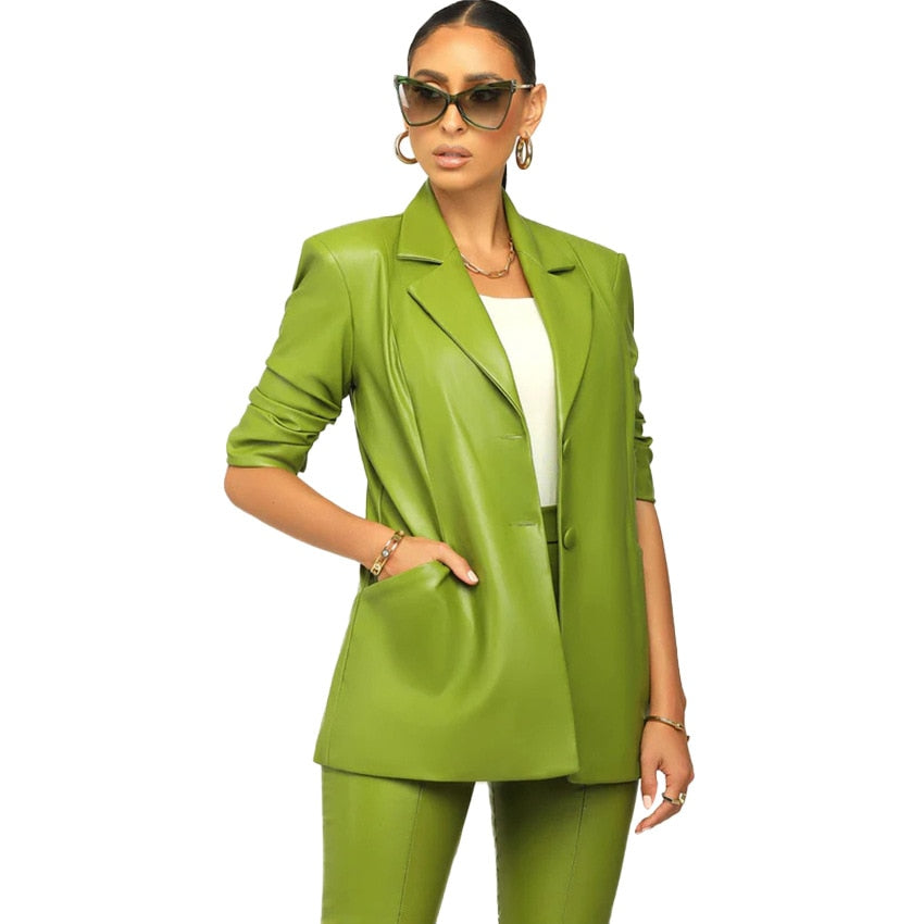 Women Casual, 2 Piece, Slim, PU Leather, Notch Neck Blazer, High Waist Pant Suit.