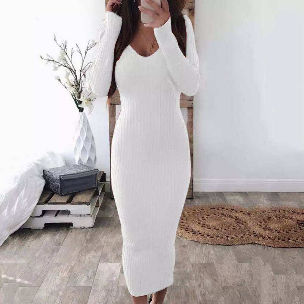 Women Sexy Casual, Long Sleeve, V Neck, Backless, Ribbed, Slim Knitted Dress